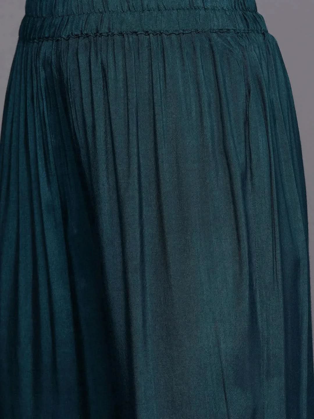 Teal Embroidered Silk Blend Straight Suit Set - Libas