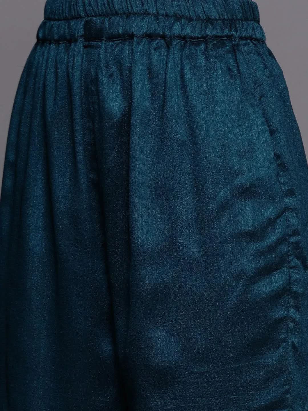 Teal Embroidered Silk Blend Straight Suit Set - Libas