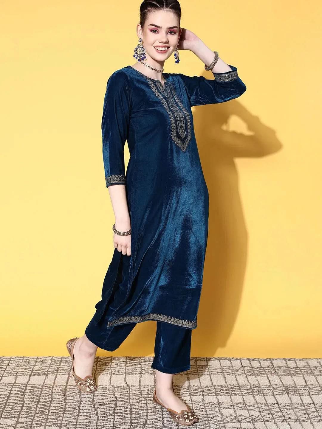 Teal Embroidered Velvet Straight Suit Set - Libas
