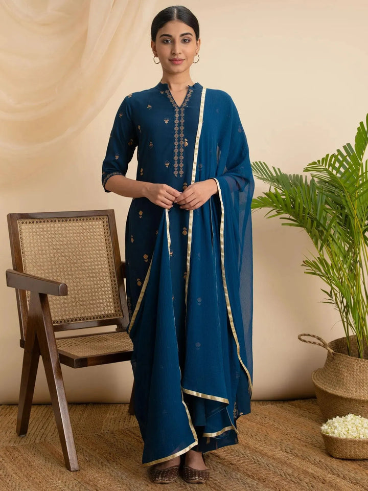 Teal Blue Printed Rayon Suit Set - Libas
