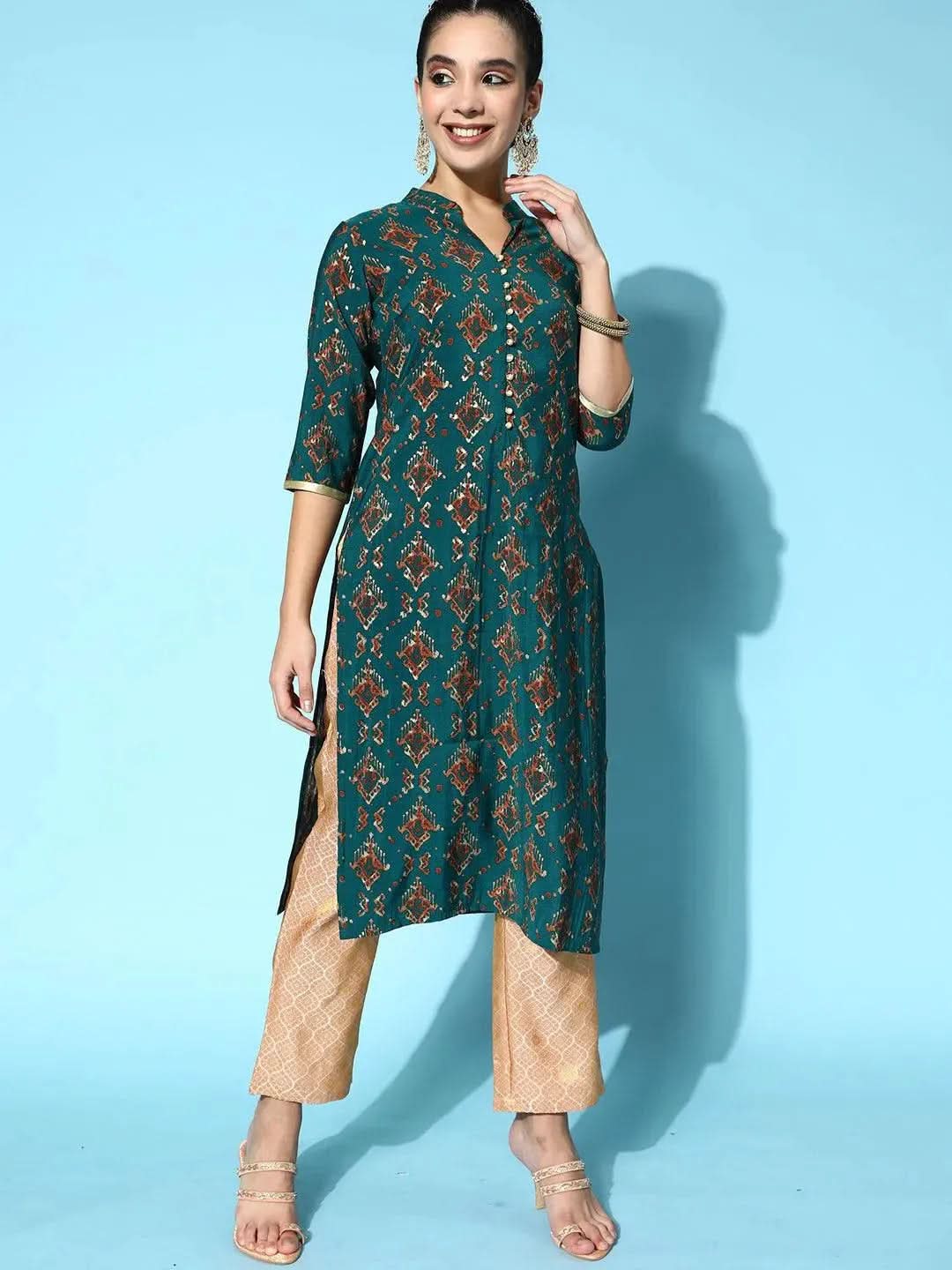 Teal Printed Silk Straight Kurta
Teal Printed Silk Straight Kurta