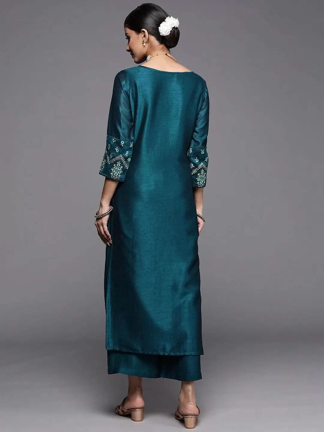 Teal Solid Silk Kurta - Libas