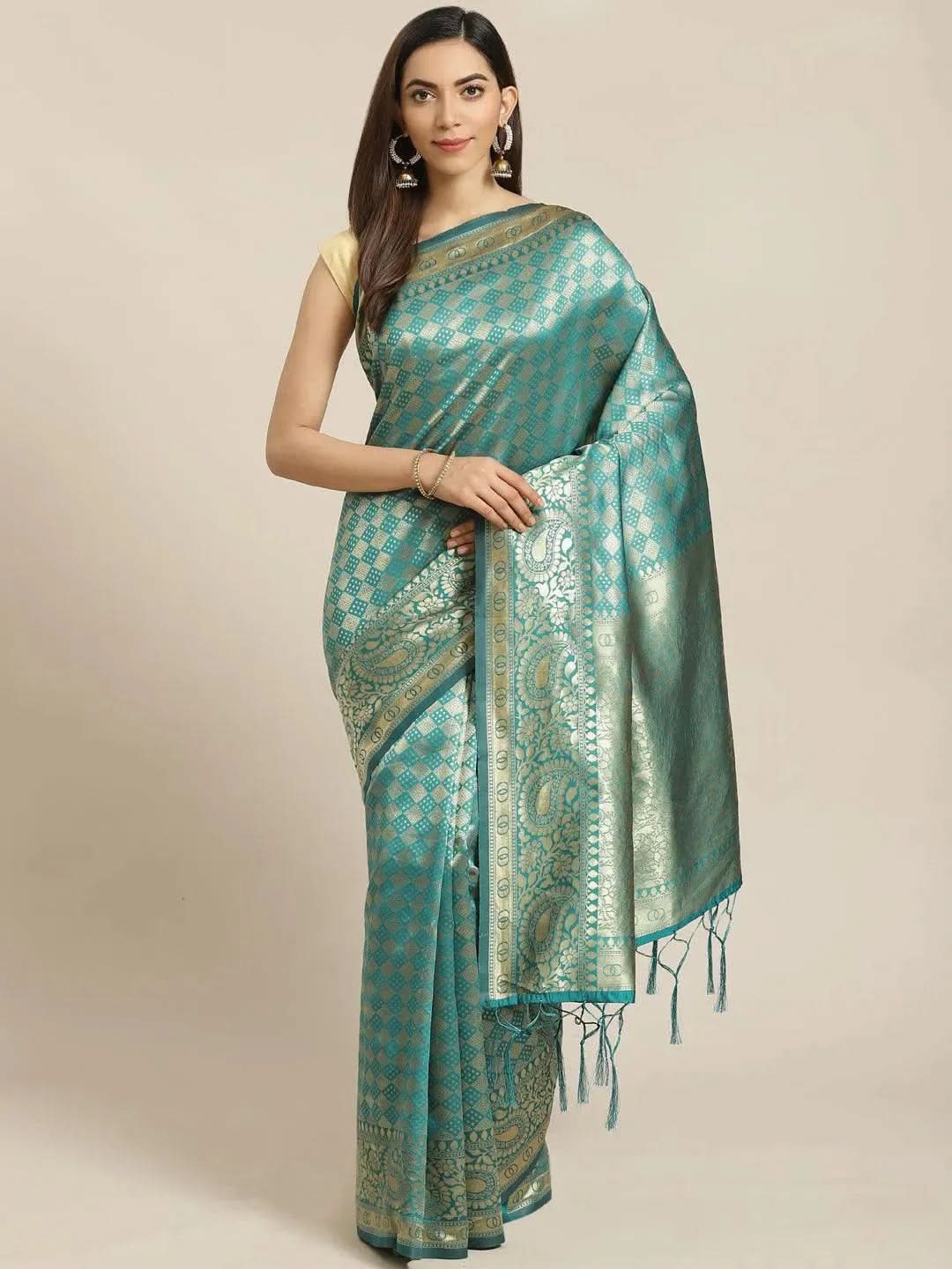 Teal Woven Design Brocade Saree - Libas