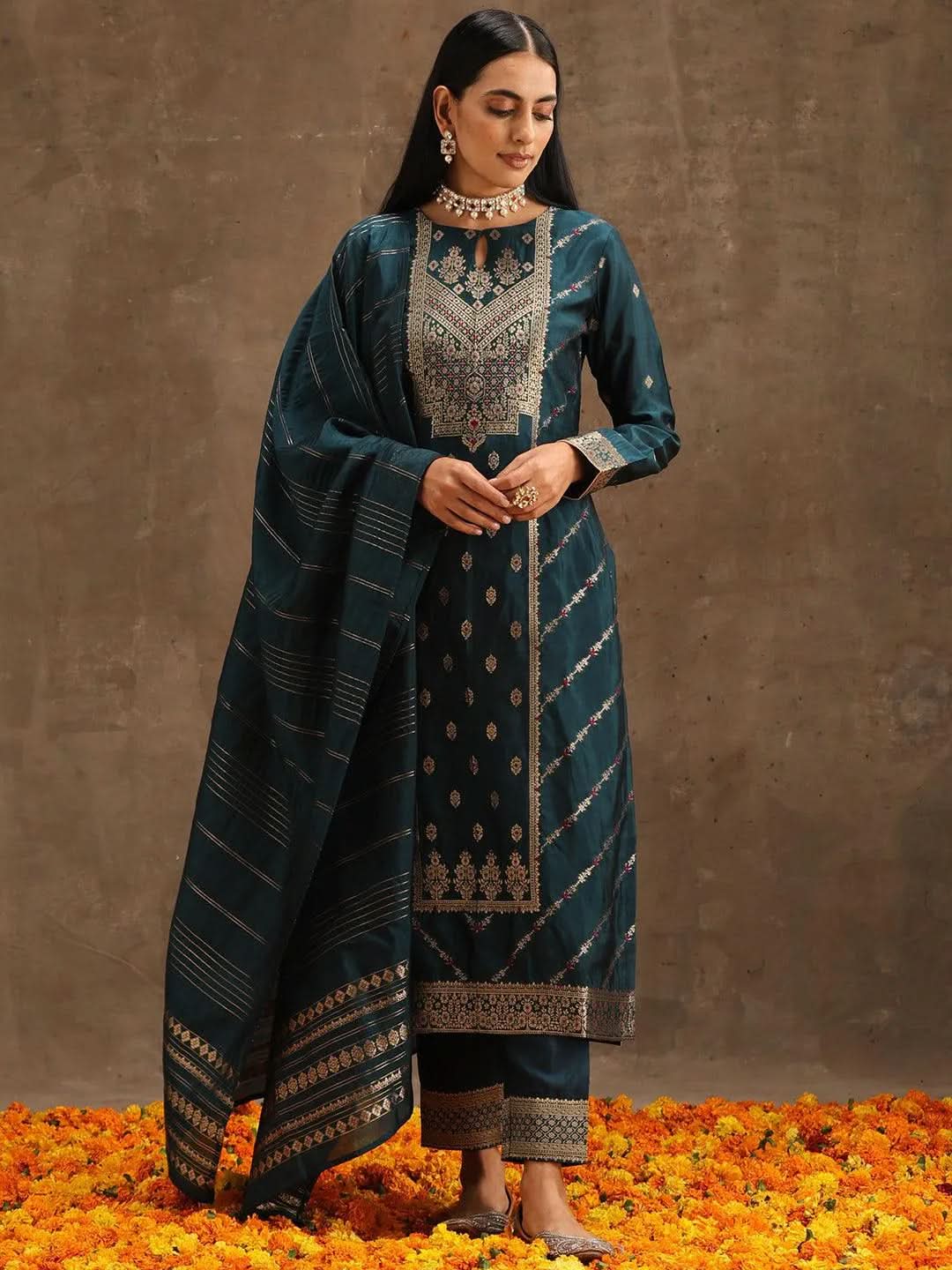 Teal Woven Design Silk Blend Straight Suit Set With Trousers - Libas