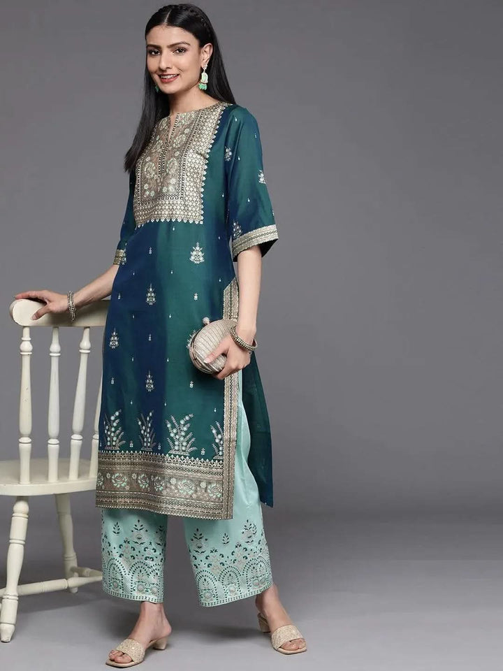Teal Yoke Design Chanderi Silk Kurta - Libas
