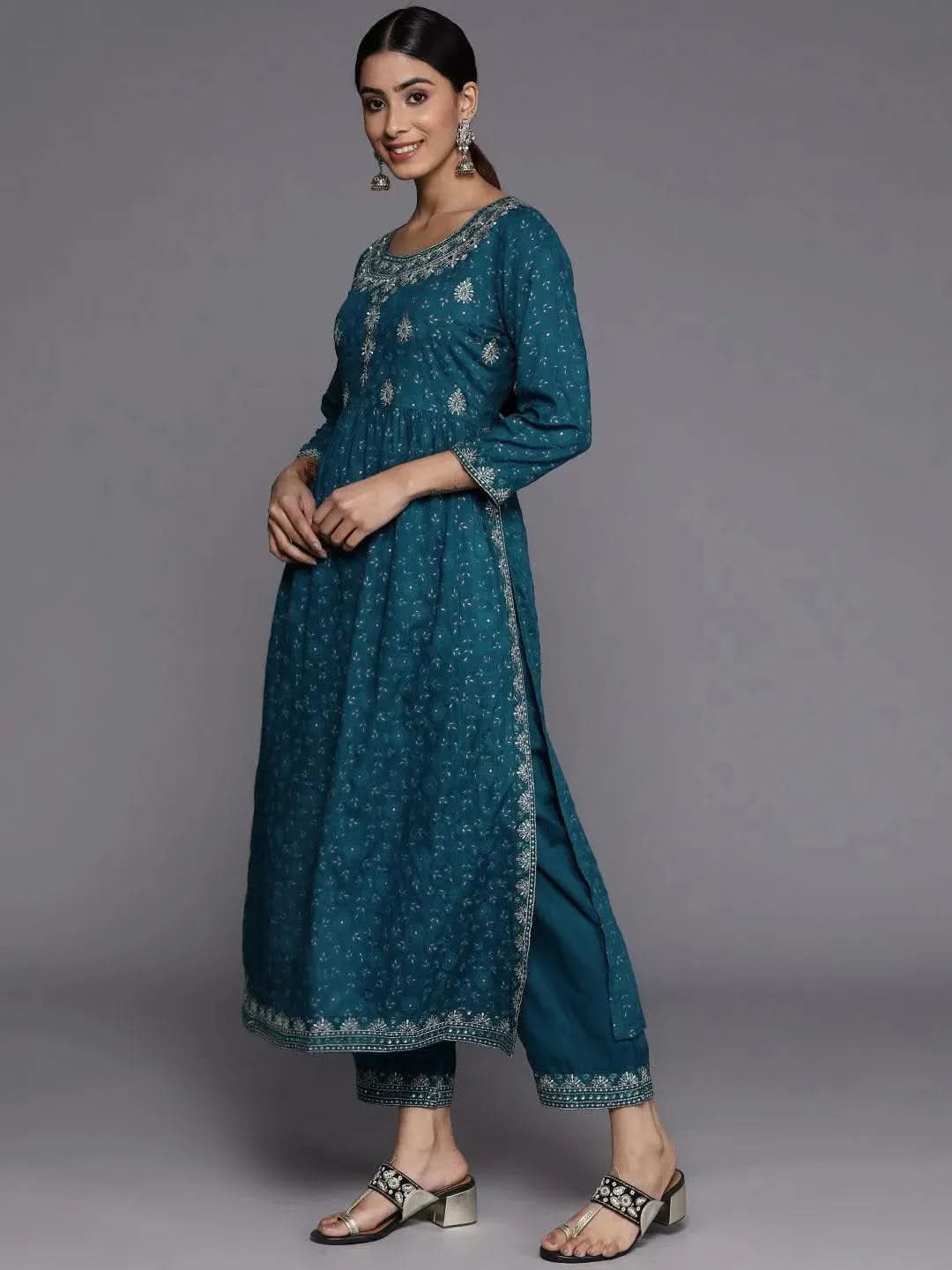 Teal Yoke Design Rayon Suit Set With Trousers - Libas