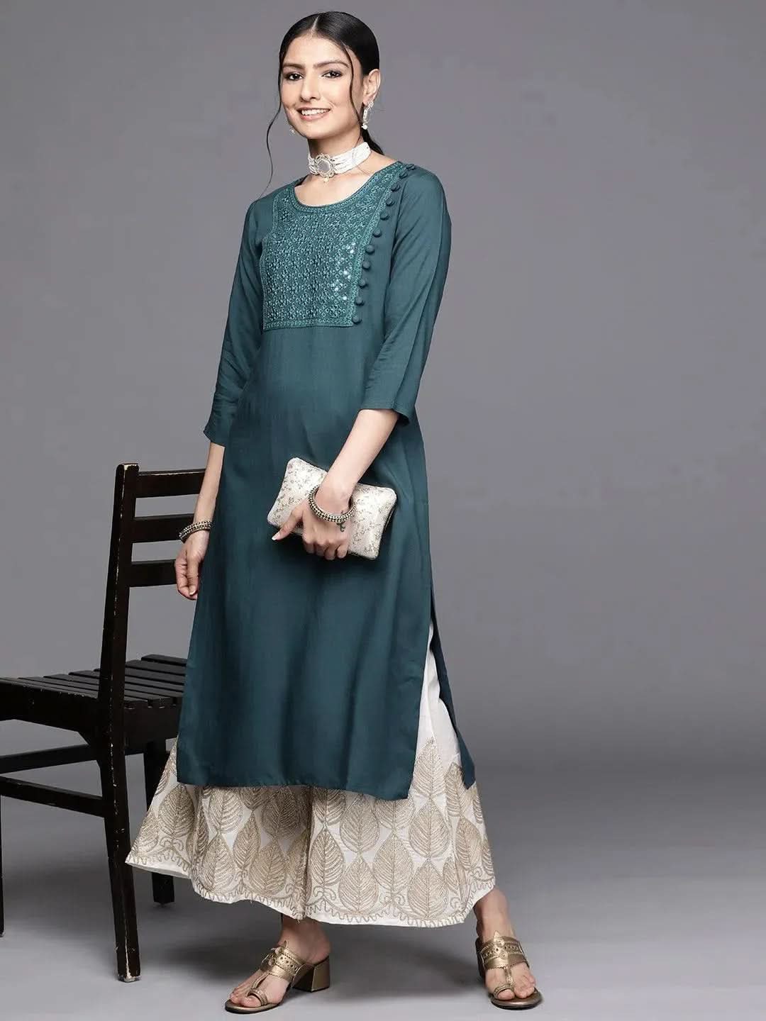 Teal Yoke Design Rayon Kurta - Libas