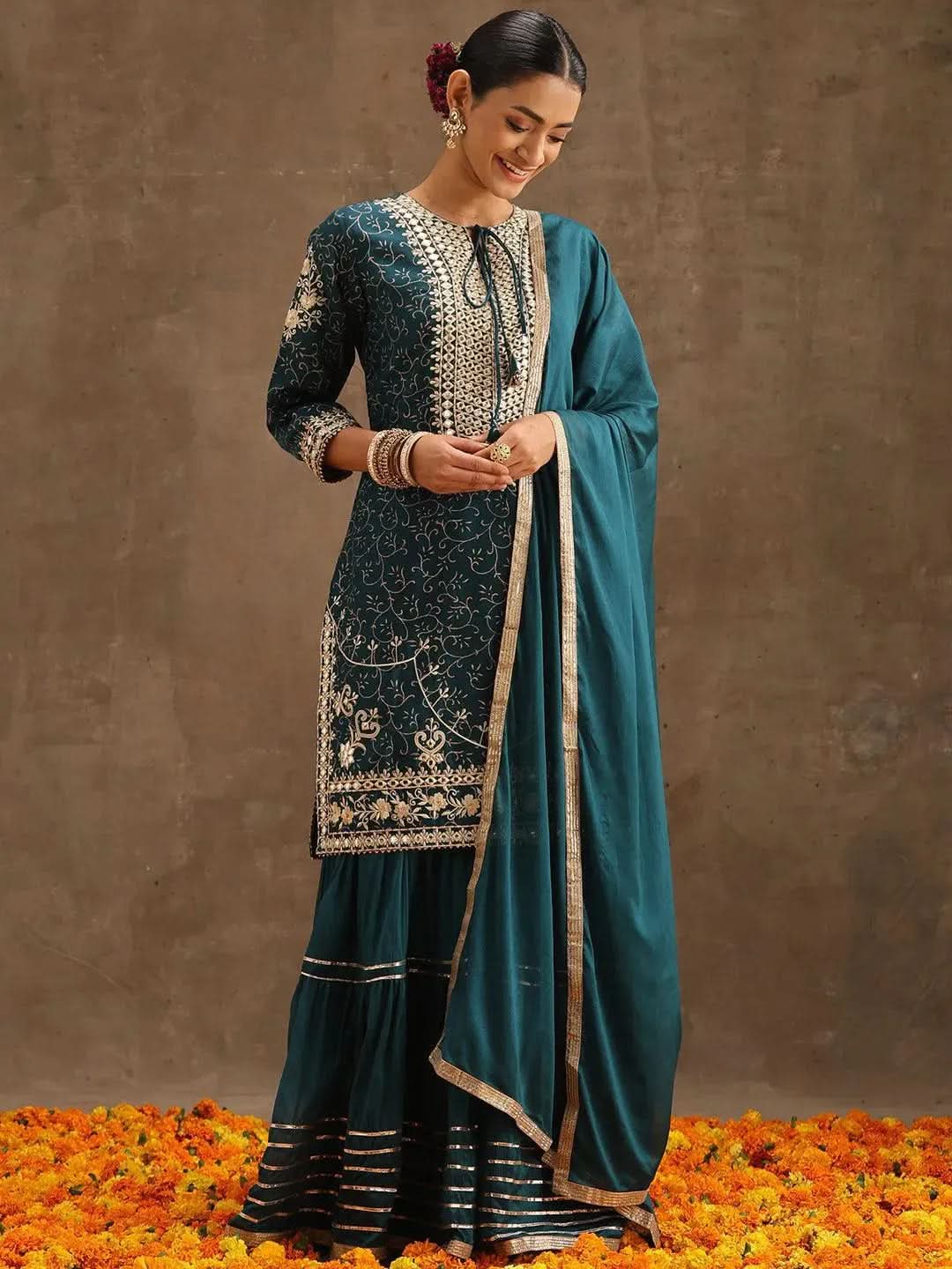 Teal Yoke Design Silk Blend Suit Set With Sharara - Libas