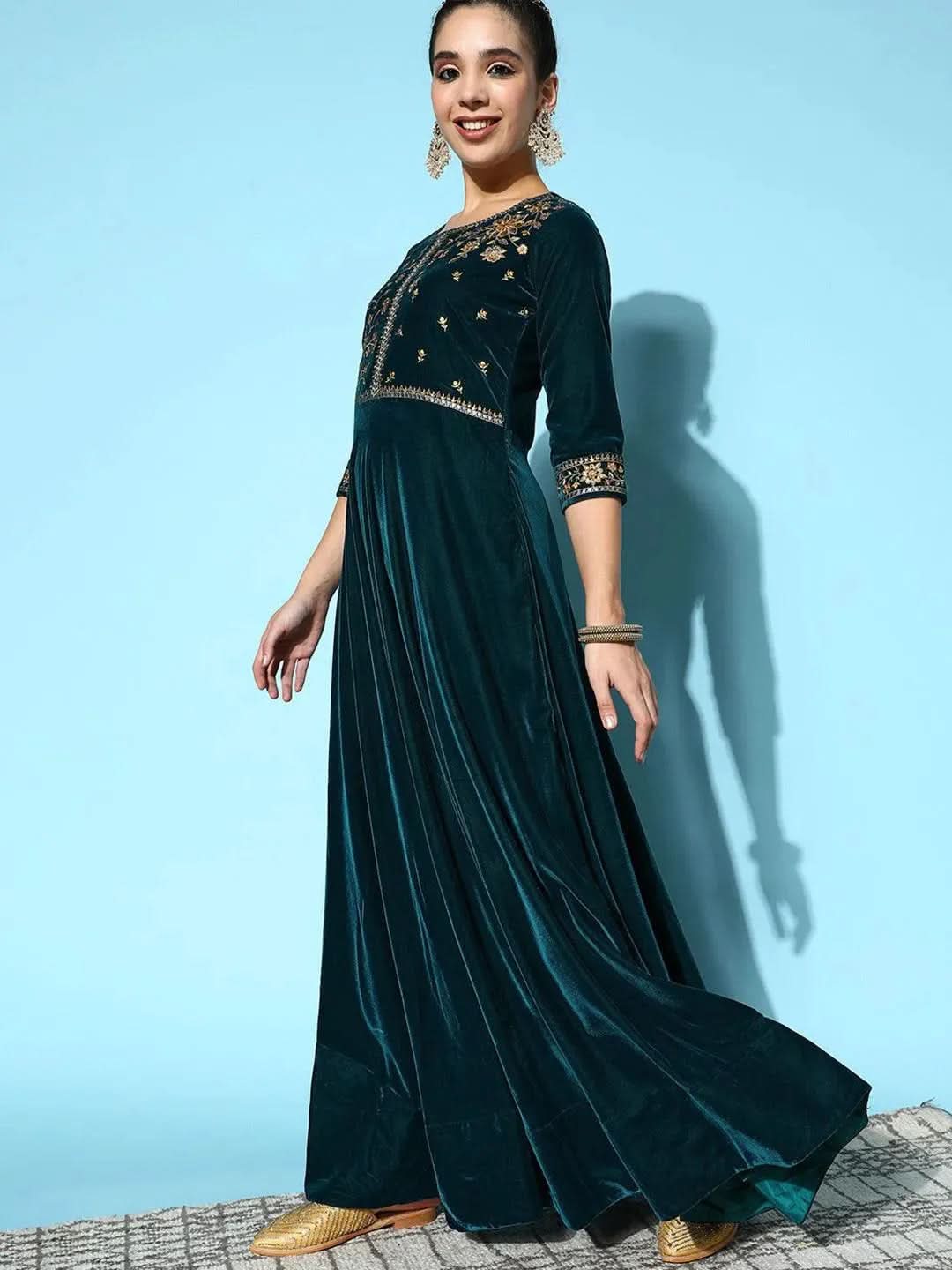 Teal Yoke Design Velvet Anarkali Suit Set - Libas