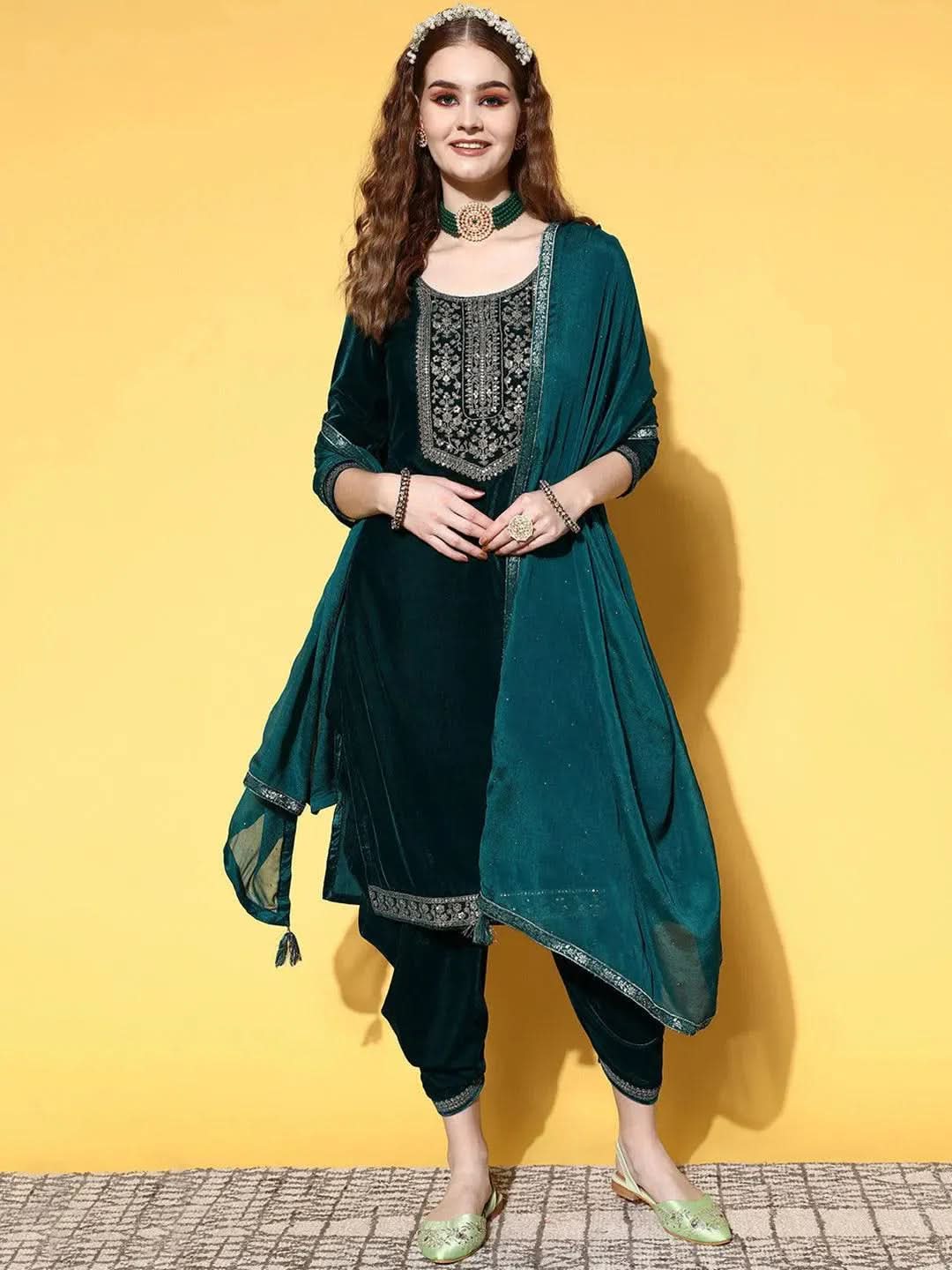 Teal Yoke Design Velvet Straight Suit Set - Libas