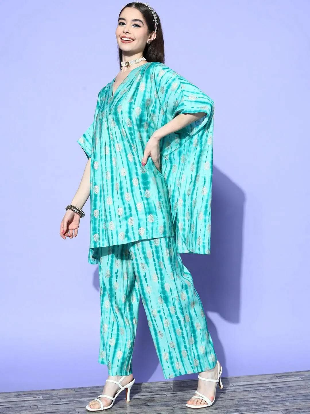 Turquoise Blue Dyed Silk Blend Kaftan Kaftan With Palazzos - Libas