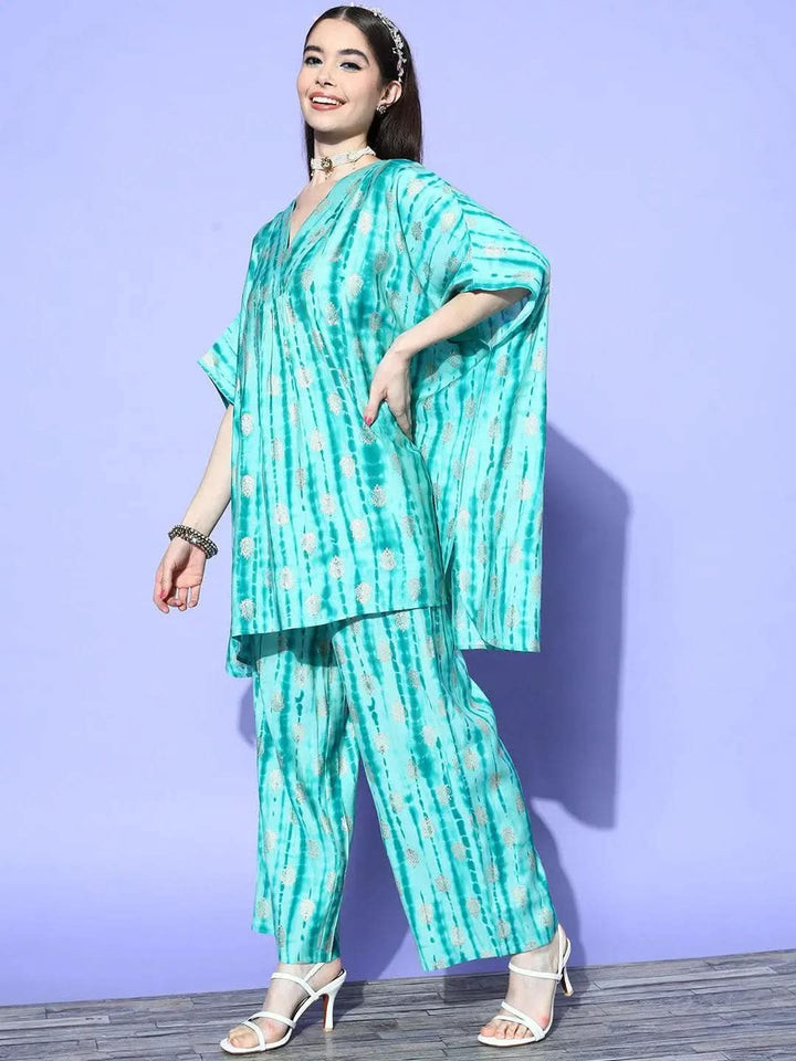 Turquoise Blue Dyed Silk Blend Kaftan Kaftan With Palazzos - Libas