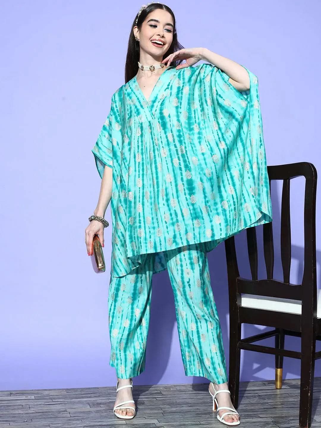 Turquoise Blue Dyed Silk Blend Kaftan Kaftan With Palazzos - Libas
