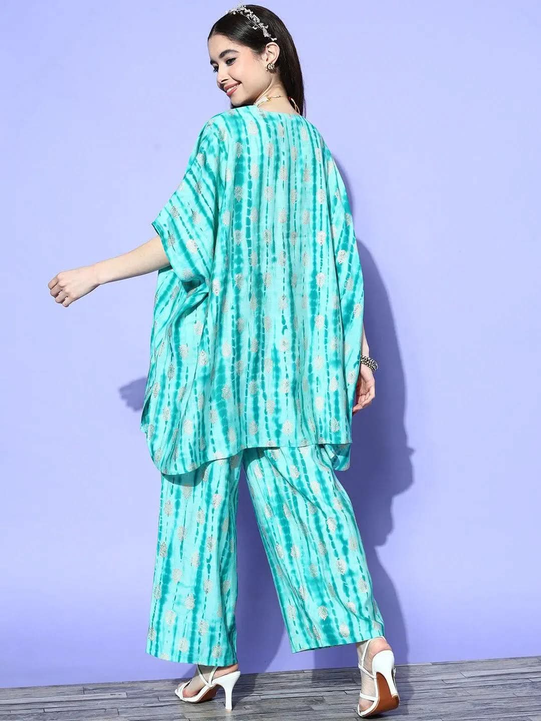 Turquoise Blue Dyed Silk Blend Kaftan Kaftan With Palazzos - Libas