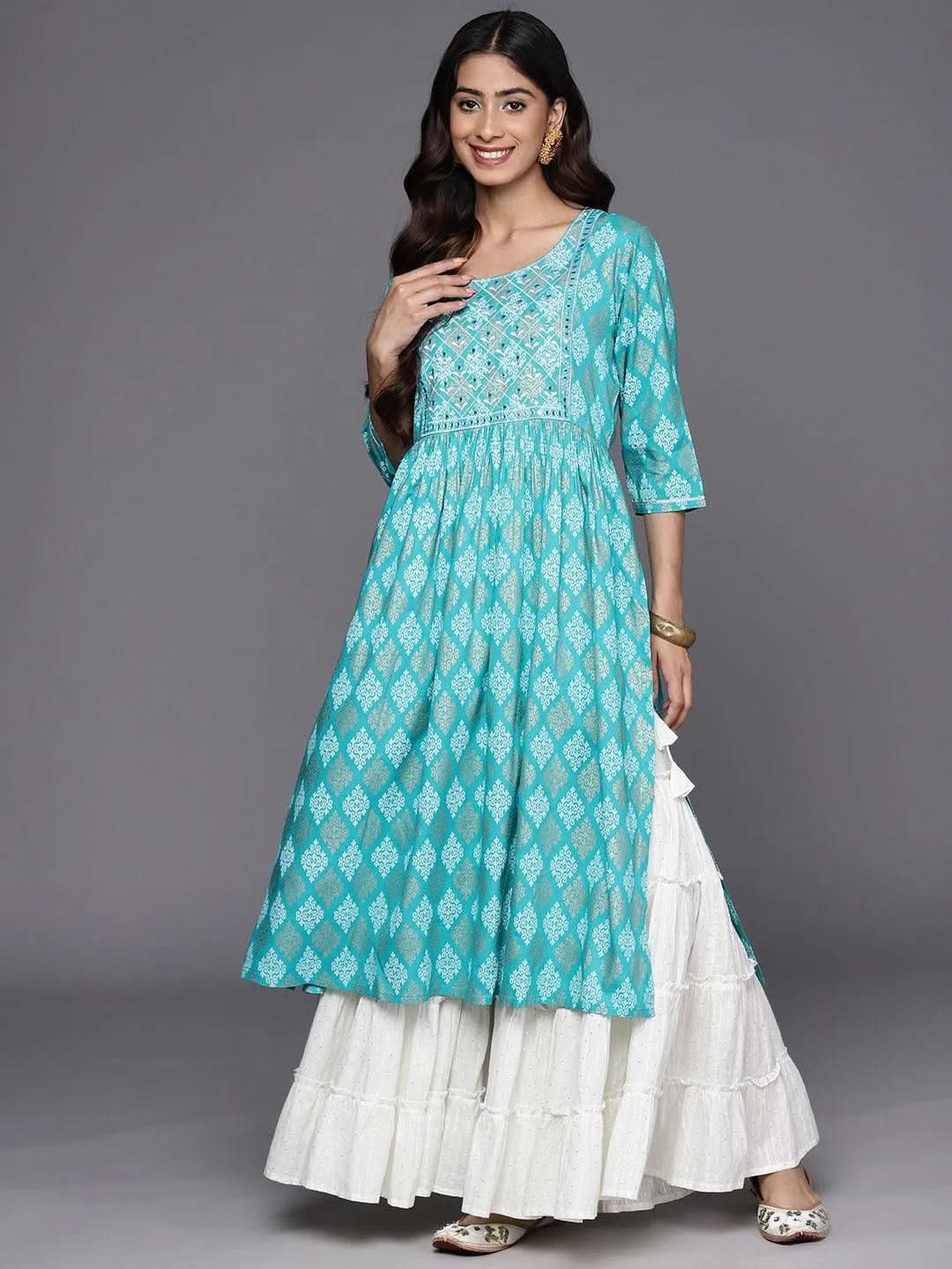Turquoise Blue Embellished Rayon A-Line Kurta - Libas