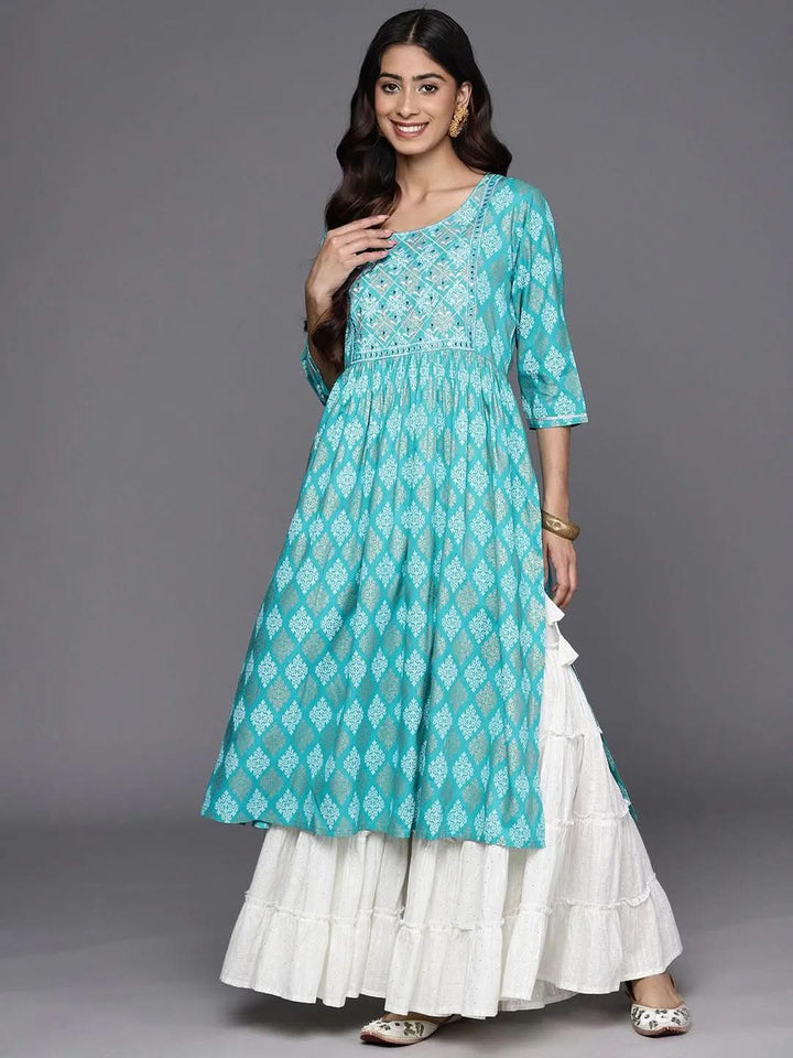 Turquoise Blue Embellished Rayon A-Line Kurta - Libas