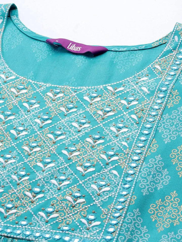 Turquoise Blue Embellished Rayon A-Line Kurta - Libas