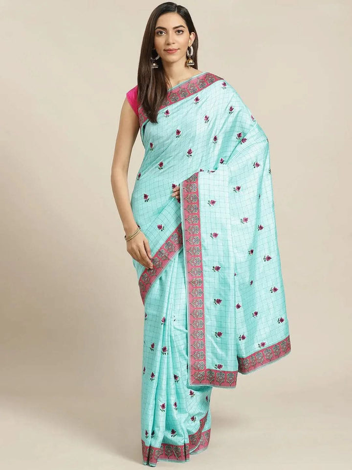 Turquoise Blue Embroidered Crepe Saree - Libas
