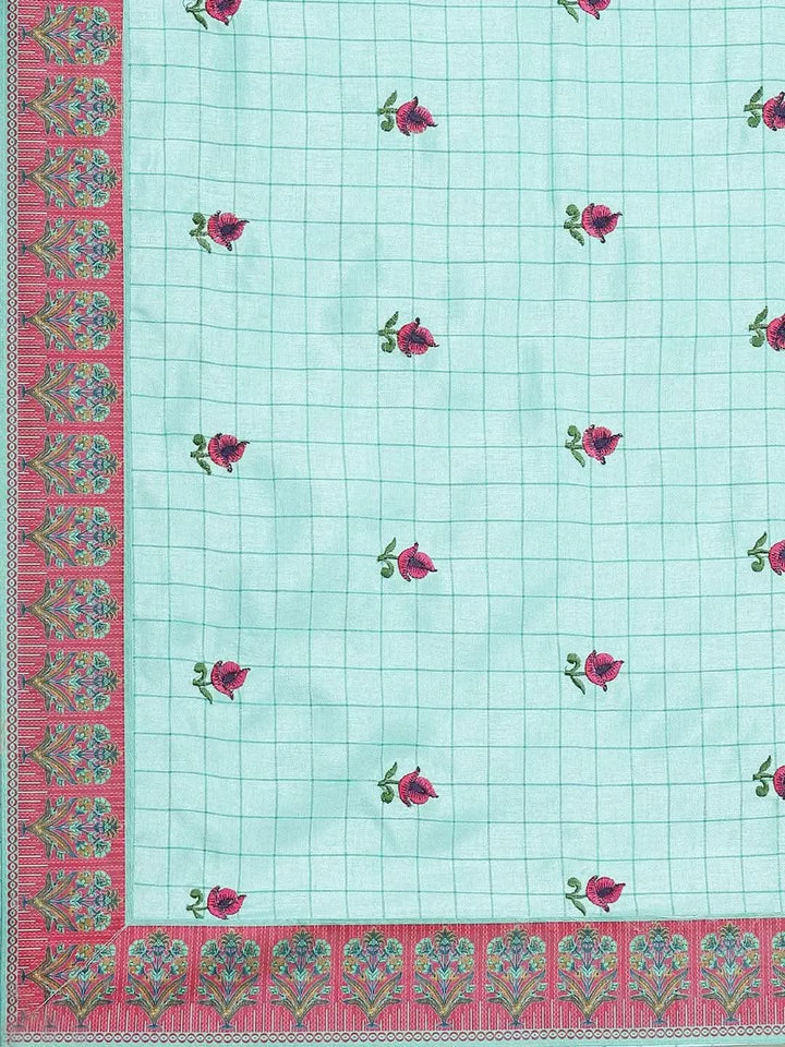 Turquoise Blue Embroidered Crepe Saree - Libas