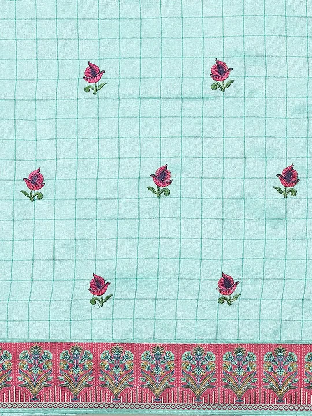 Turquoise Blue Embroidered Crepe Saree - Libas