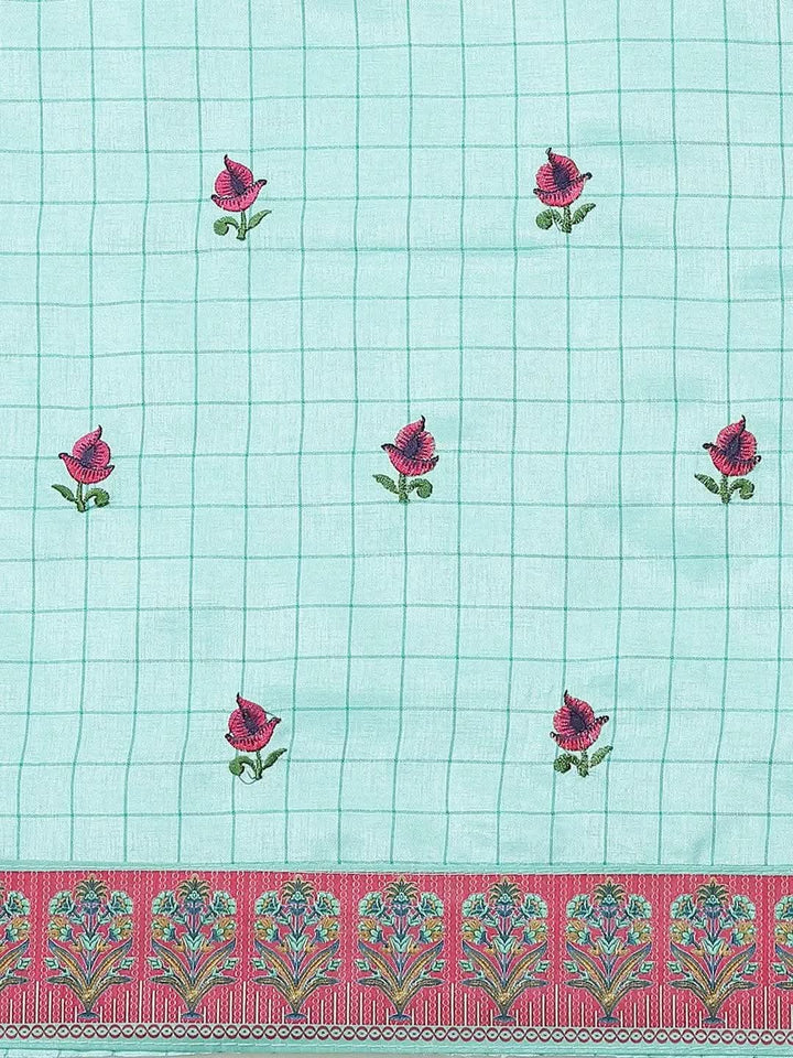 Turquoise Blue Embroidered Crepe Saree - Libas