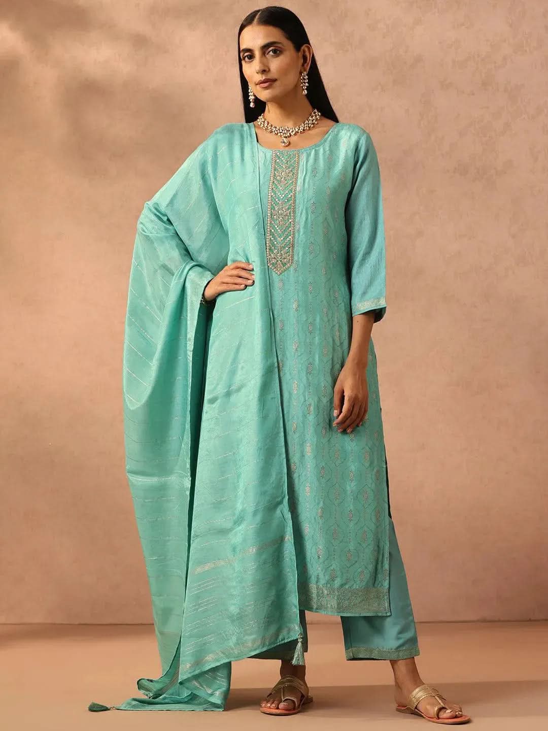 Turquoise Blue Embroidered Silk Blend Straight Kurta With Trousers & Dupatta
Turquoise Blue Embroidered Silk Blend Straight Kurta With Trousers & Dupatta