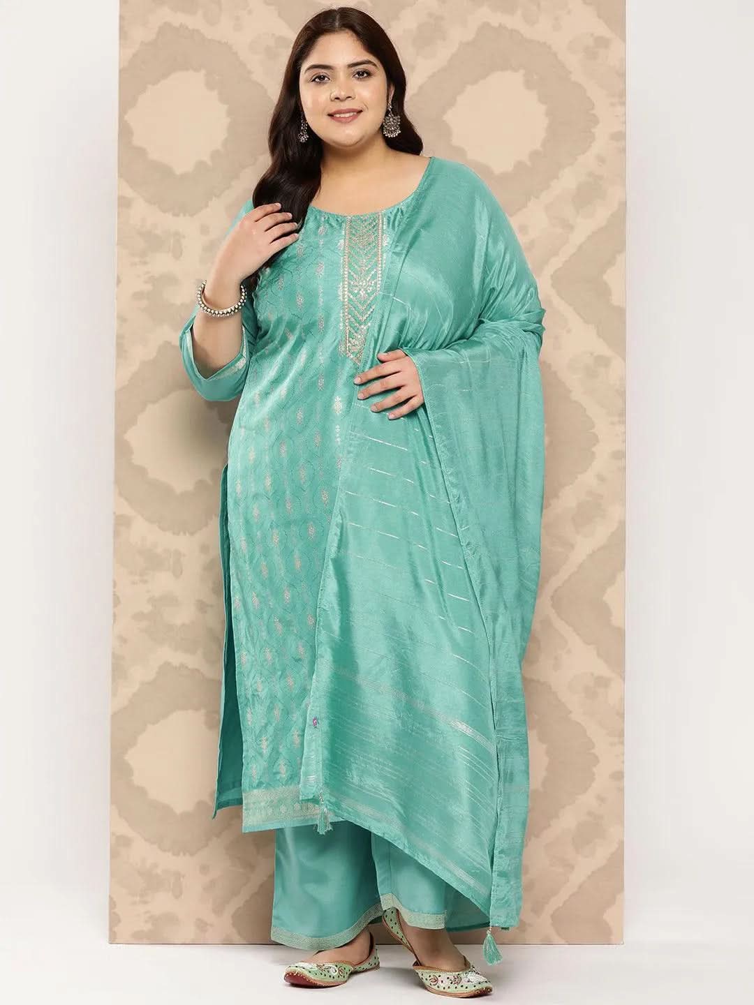Blue Printed Silk Blend Straight Kurta With Trousers and Dupatta
