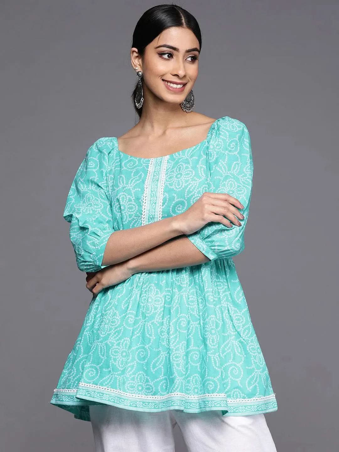 Turquoise Blue Printed Cotton A-Line Kurti - Libas