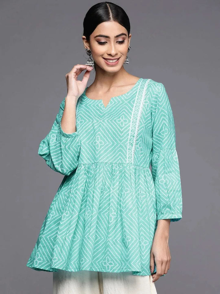 Turquoise Blue Printed Cotton A-Line Kurti - Libas