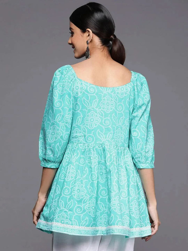 Turquoise Blue Printed Cotton A-Line Kurti - Libas