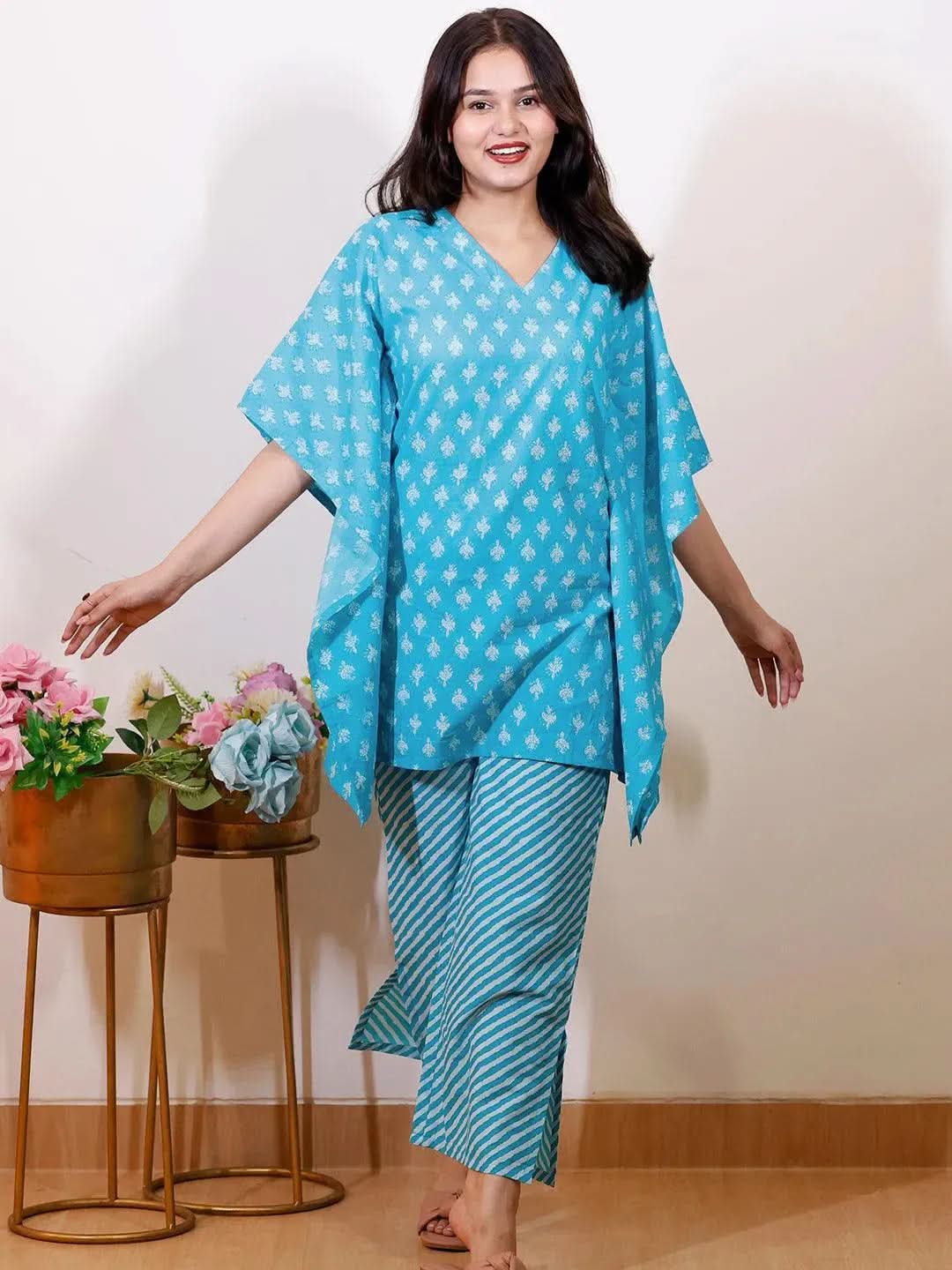 Turquoise Blue Printed Cotton Night Suit - Libas