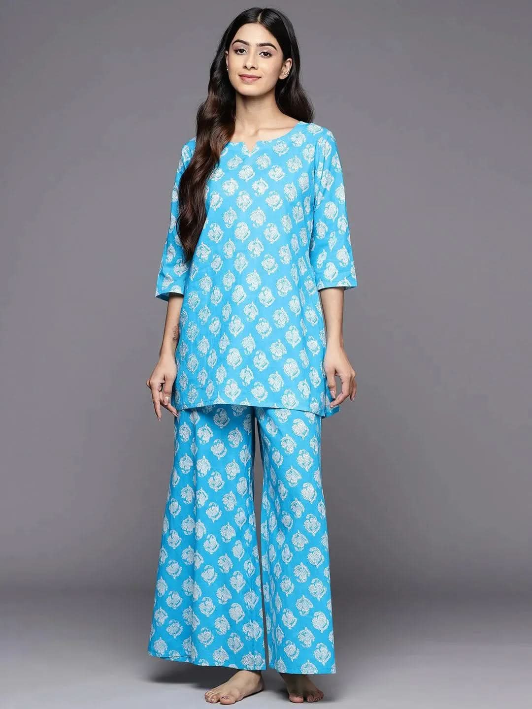 Turquoise Blue Printed Cotton Night Suit - Libas