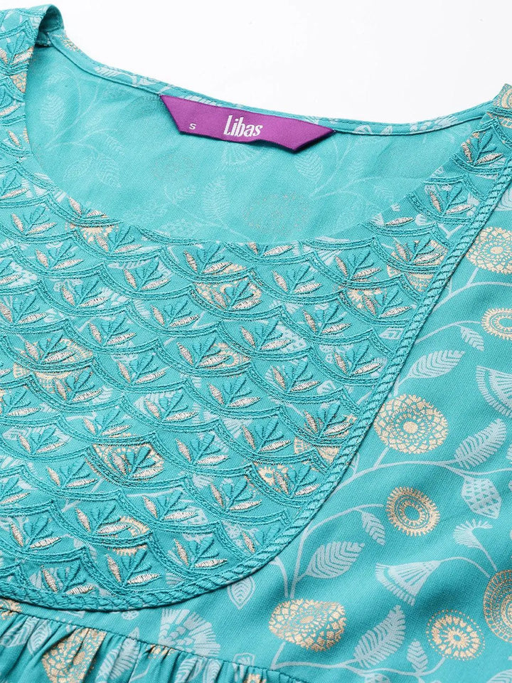 Turquoise Blue Printed Rayon A-Line Kurta - Libas