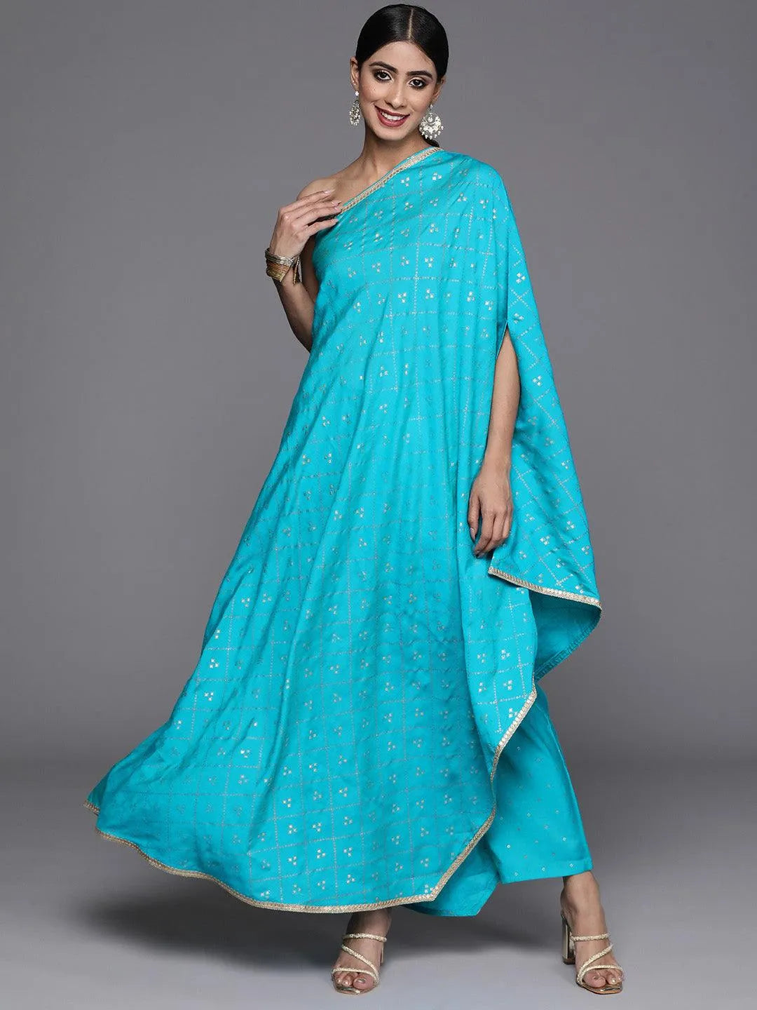 Turquoise Blue Printed Silk Blend Kaftan Kurta With Trousers - Libas