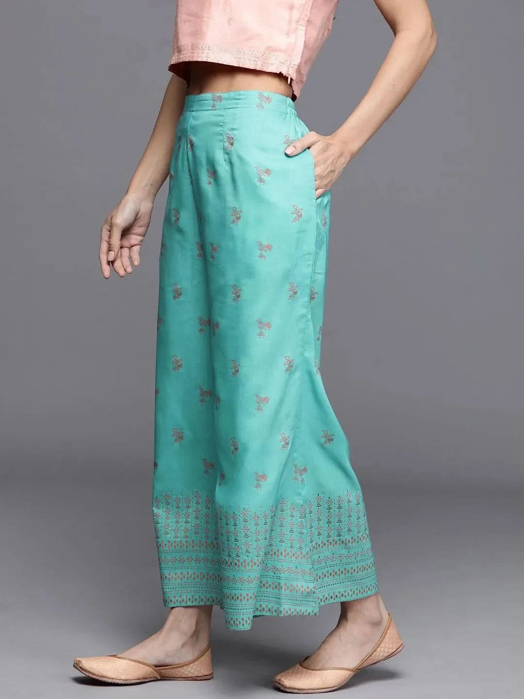 Turquoise Blue Printed Silk Palazzos - Libas