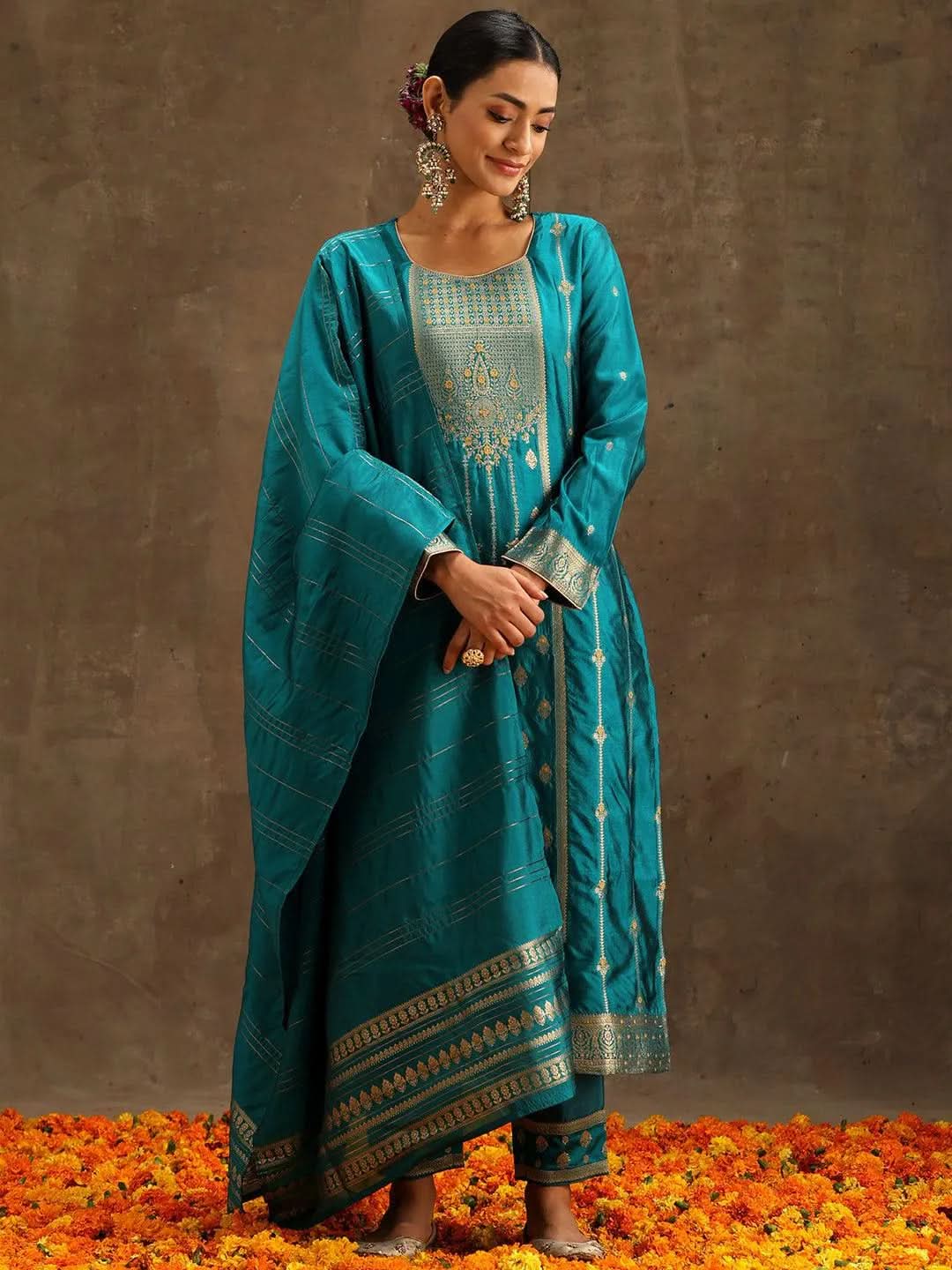 Turquoise Blue Woven Design Silk Blend Straight Suit Set With Trousers - Libas