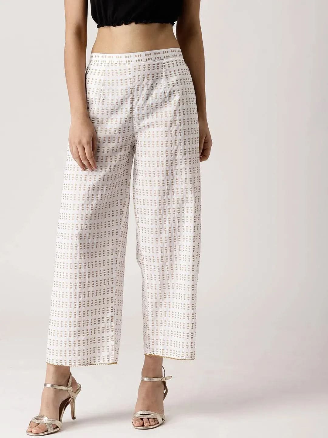 White Abstract Cotton Palazzos - Libas