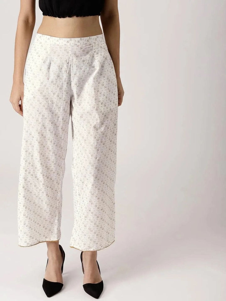 White Abstract Cotton Palazzos - Libas