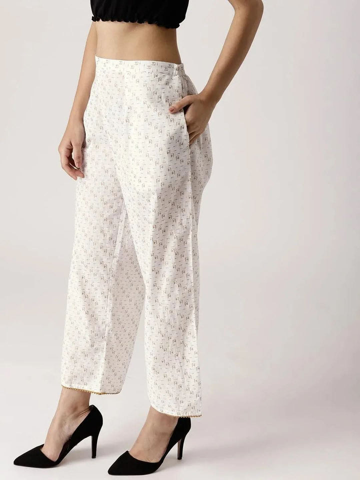White Abstract Cotton Palazzos - Libas
