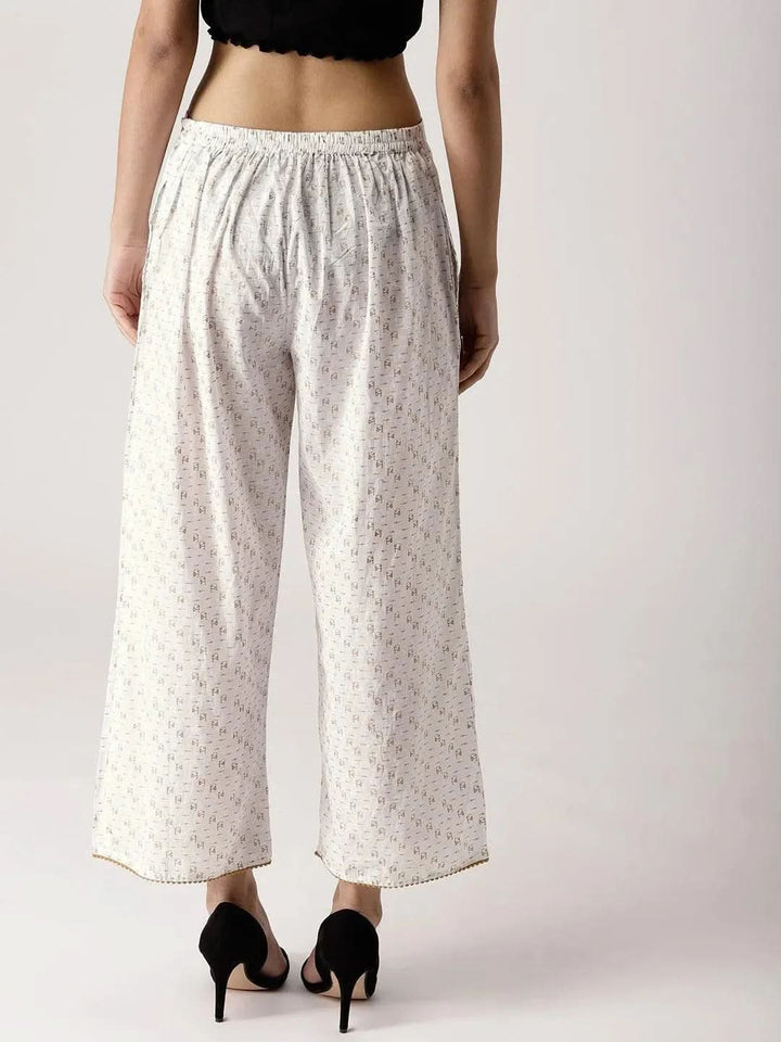 White Abstract Cotton Palazzos - Libas