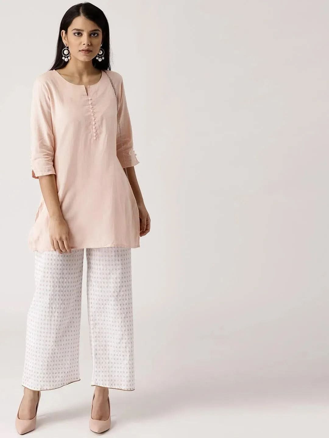 White Abstract Cotton Palazzos - Libas