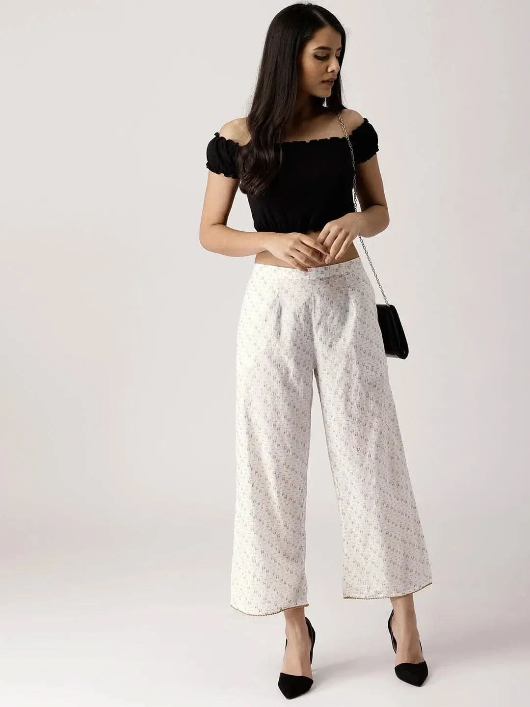 White Abstract Cotton Palazzos - Libas