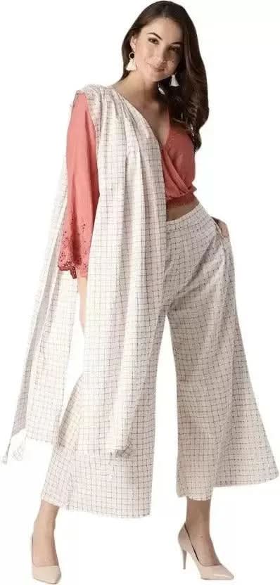 White Checkered Cotton Palazzos With Stole - Libas