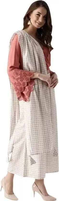 White Checkered Cotton Palazzos With Stole - Libas