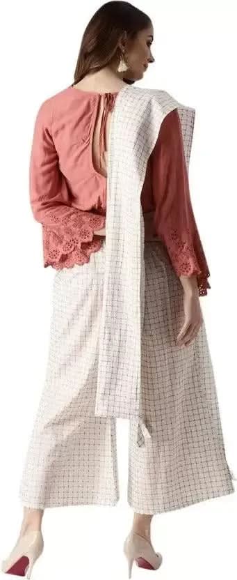 White Checkered Cotton Palazzos With Stole - Libas