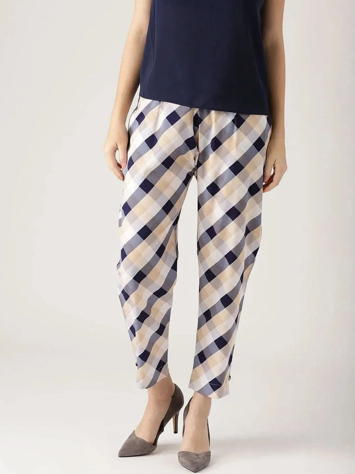 White Checkered Polyester Trousers - Libas