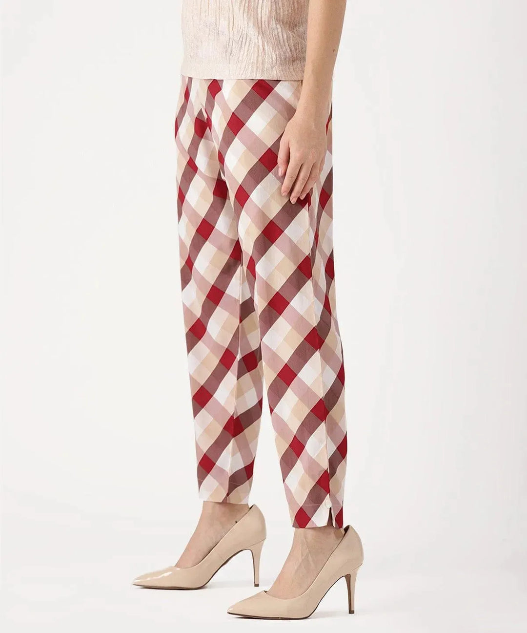 White Checkered Polyester Trousers - Libas