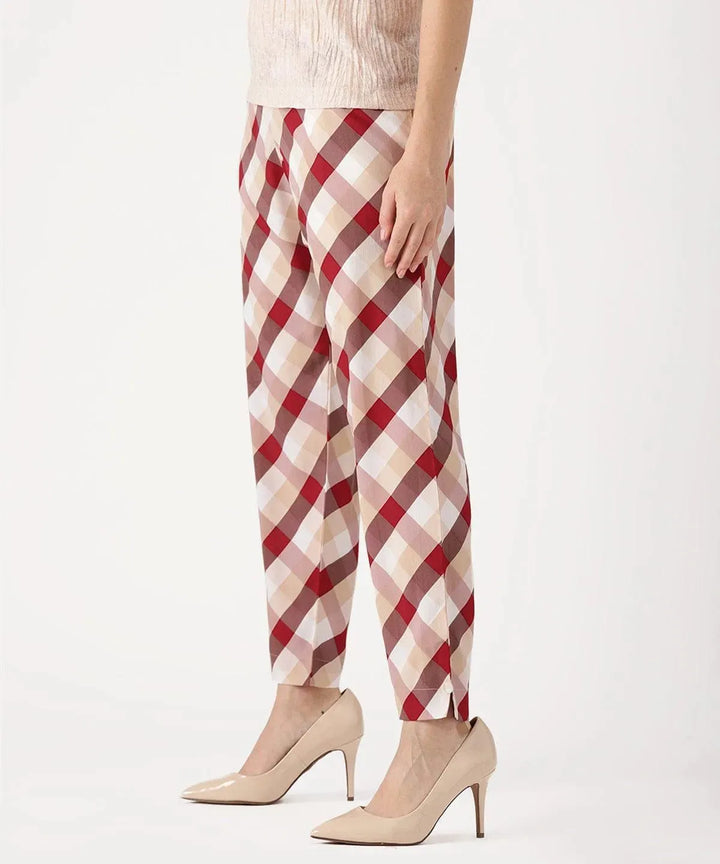 White Checkered Polyester Trousers - Libas