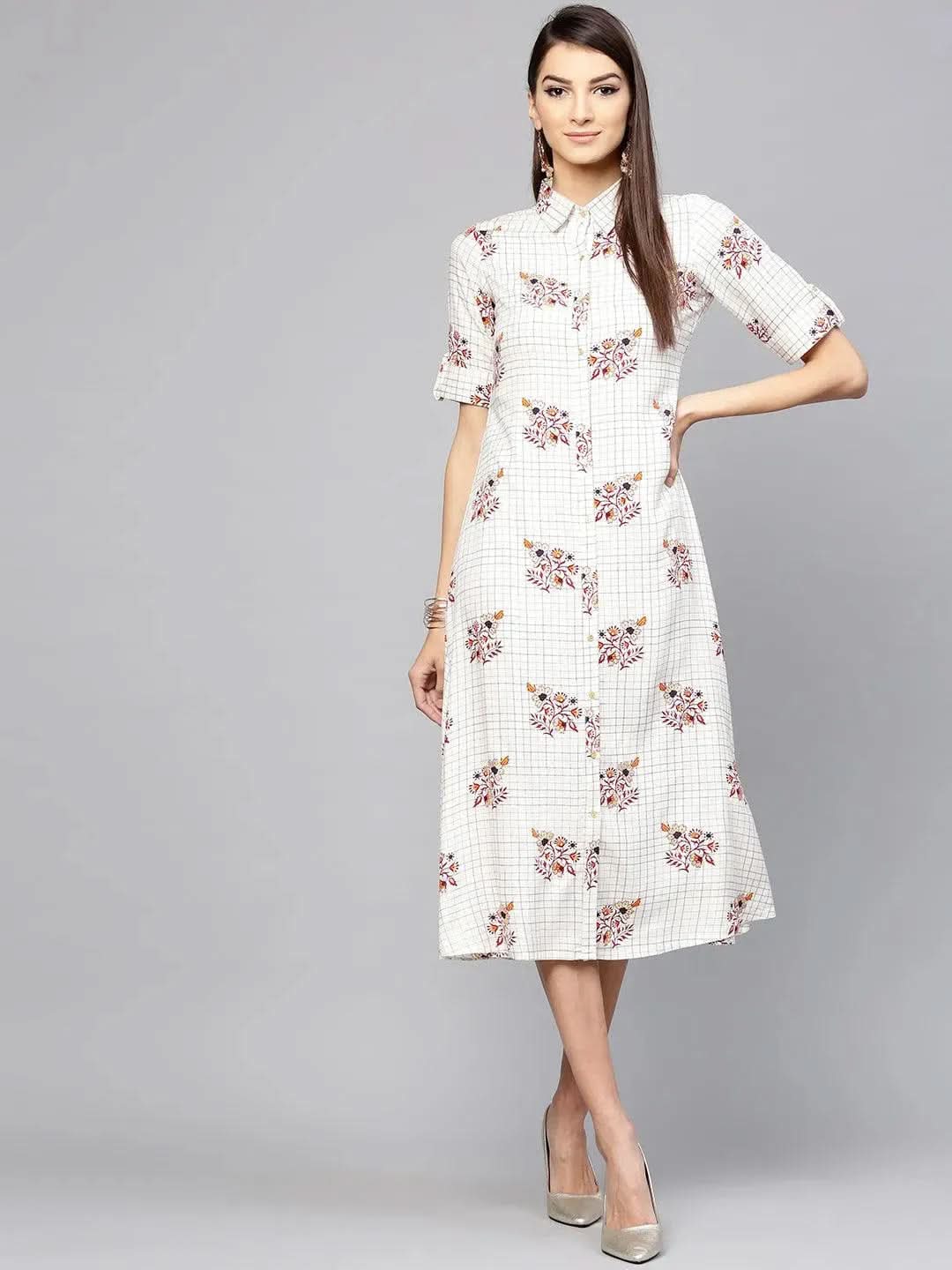 White Checkered Rayon Dress - Libas