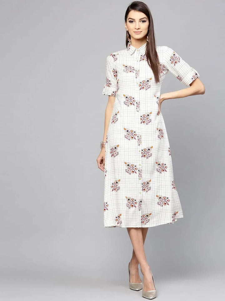 White Checkered Rayon Dress - Libas